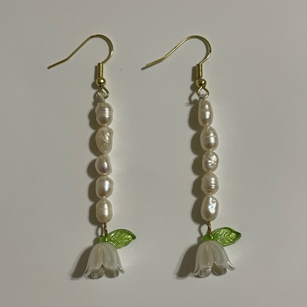 Handmade, gold earrings with lily of the valley flowers and real, natural pearls